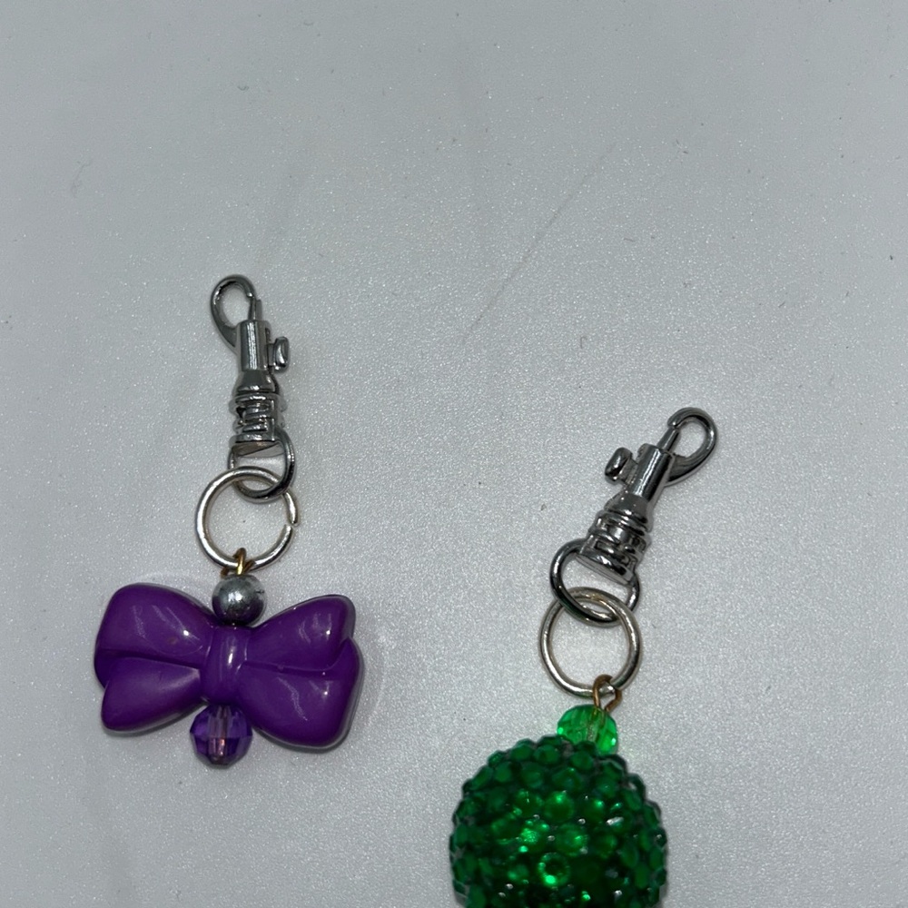 Purple Bow and Green Charm Keychain Set zipper pull